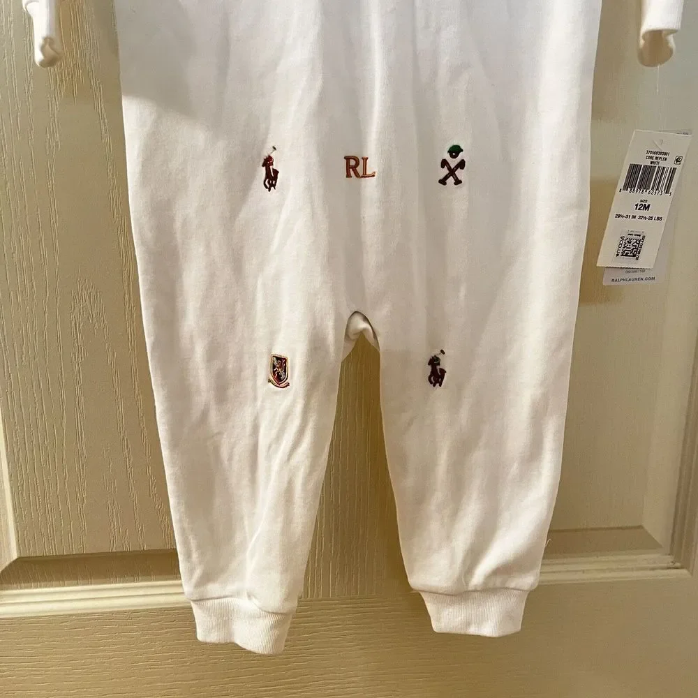Ralph Lauren White Embroidered Schiffli Coverall Romper Boys Size 12 Months NWT